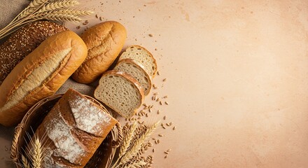 Delicious assorted breads arrangement on rustic background with copy space for text