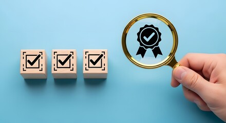 Assurance of quality with checkmarks and a magnifying glass, symbolizing excellence and validation in a modern, trustworthy process for business growth