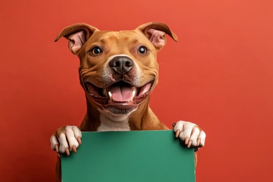 Dog with blank sign. Isolated dog on a solid outfit red background. Ð¡ute adult dog american staffordshire terrier hold in front paws a template - large green boulevard sign. Pet sign setup.