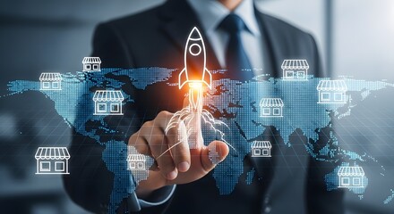 Launch your global brand successfully using this modern tech interface showing worldwide expansion with a single touch for strategic growth and dynamic networking