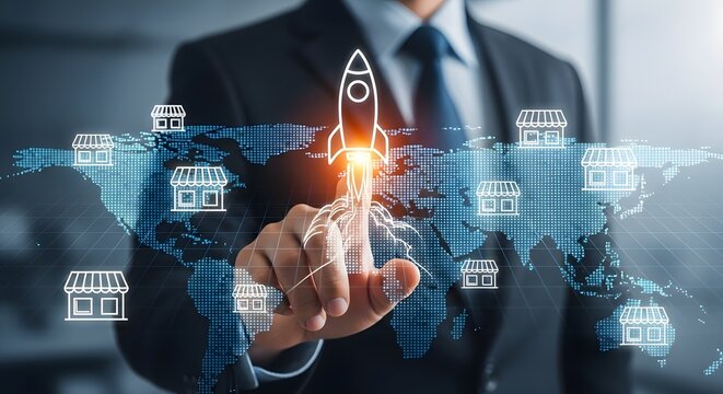 Launch your global brand successfully using this modern tech interface showing worldwide expansion with a single touch for strategic growth and dynamic networking