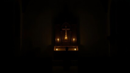 Naklejka premium penitent. Silhouette of a person kneeling in a dim church with candlelight. event programs, museum guides, designed for cultural heritage projects and event programs, supports education.