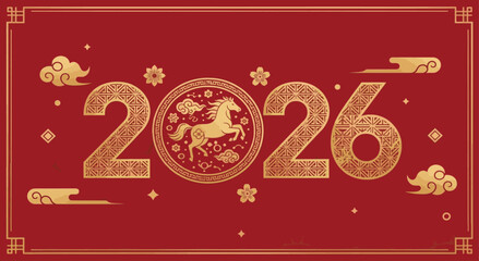 Chinese New Year 2026 Banner. Year of the Horse Zodiac Symbol in Golden Numbers with Traditional Red Background