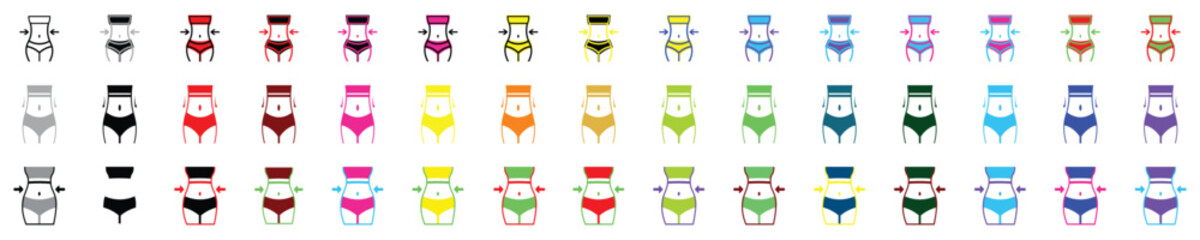 Slim Waist and Weight Loss Vector Icon Set Fitness, Body Shape and Diet Line Pictograms.