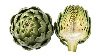 Fototapeta premium Fresh green artichoke whole and halved isolated on transparent background