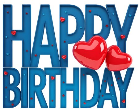 Happy birthday bold blue 3d text decorated with glossy red hearts and stars, festive celebration