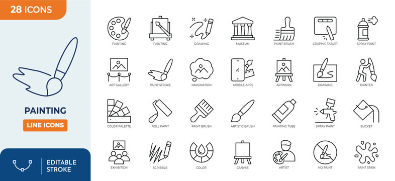 Painting line editable icon set. Contain icons related to paint, painter, various painting tools, and more. Editable stroke. Vector illustration