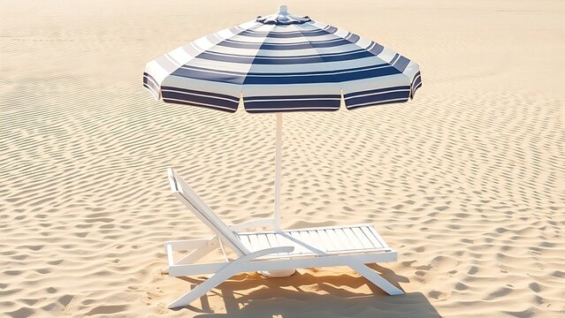 chaise. A white chaise lounge rests under a striped umbrella, golden coastal light warming the sand. travel magazines, destination branding, designed for outdoor magazines and nature guides.