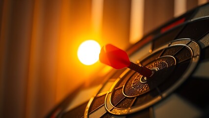 Obraz premium dartboard. Close-up of dartboard with single dart at bullseye, bathed in golden sunset lighting. inspiring travel planning, event key visuals, designed for fitness apps and gym onboarding.