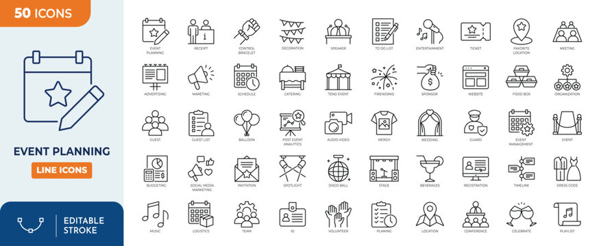 Event planning line editable icon set. Contain icons related to event organization, celebration, party, wedding, management, and more. Editable stroke. vector illustration