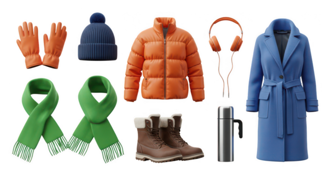 Collection of winter clothing and accessories isolated on transparent background