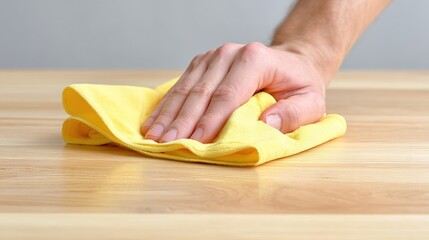 Male hand cleaning wooden surface with yellow cloth