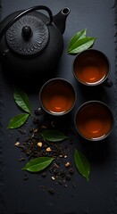 Elegant Tea Service Featuring Cast Iron Teapot and Cups on Dark Surface