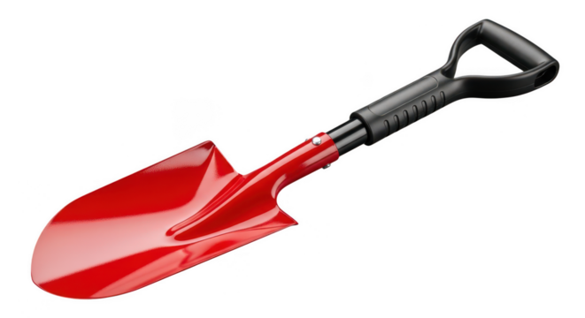 Red garden trowel with black handle isolated on transparent background