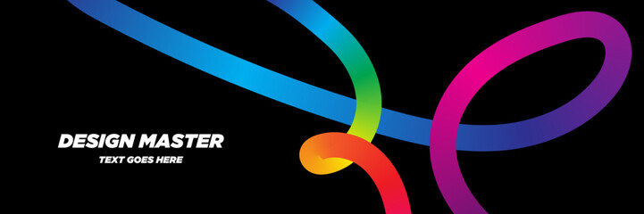 Abstract Curved Gradient Lines &ndash; Colorful 3D Wave Ribbon Doodles on Black Vector Design