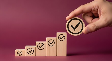 Achieving goals with a hand placing the final checkmark on a wooden block chart, signifying progress, success, and completion of tasks, a vibrant display of achievement