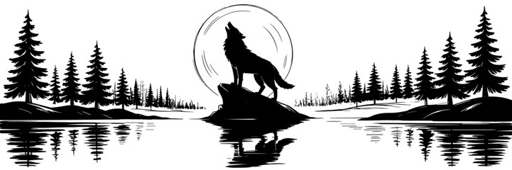 Dramatic illustration of a howling wolf standing on a rock by a calm lake, surrounded by pine trees with a glowing moon behind.