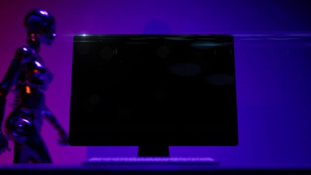 Loading and system hacked text cyber security high technology animation with humanoid AI robot walking cross monitor display. 3d background