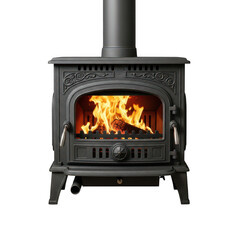 Antique cast iron wood burning stove with flames isolated on transparent background