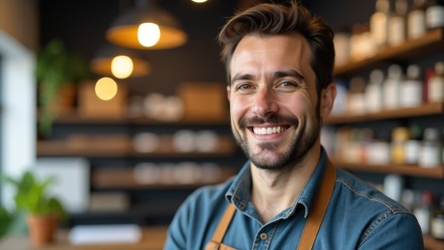 A person wearing a blue shirt and leather apron, smiling