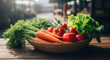 Fresh organic vegetables in a woven basket on rustic wooden table a healthy farmers market bounty for cooking and nutrition