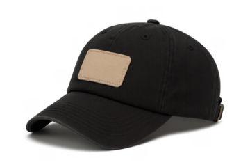 Black baseball cap with blank beige patch, ready for custom branding, casual headwear apparel, transparent background