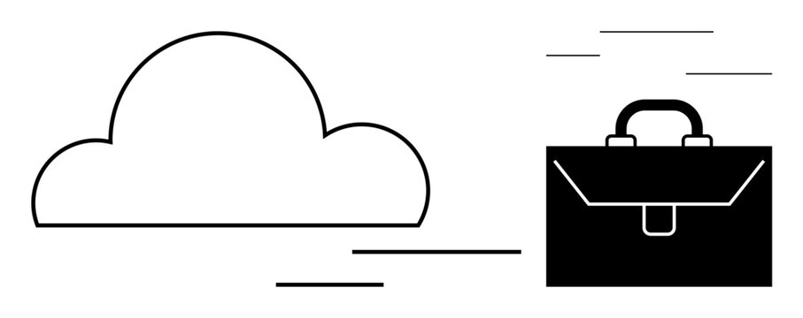 Minimalist cloud and briefcase symbols capturing technology, data transfer, innovation, work mobility. Ideal for tech solutions, business productivity, remote work, digital transformation, innovation