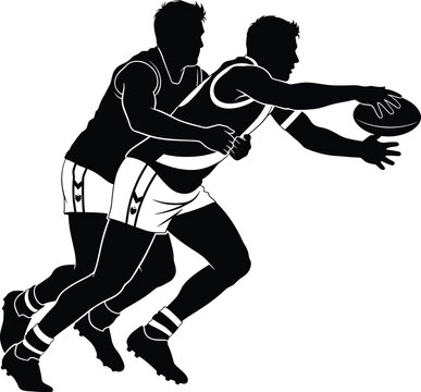 Two male athletes in silhouette playing Australian rules football, australian rules football, afl, sport, athletes, players, men, male, silhouette, action, game, competition, team, sport equipment, ba