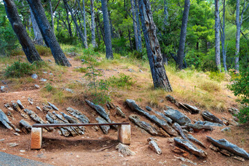 a wooden bench in beautiful city park with green trees and stones