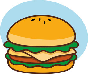 Beautiful American fast food. Meat, vegetables, cheese, bun. Unhealthy snacks, cutlet, lettuce. Flat vector illustration isolated on white background.