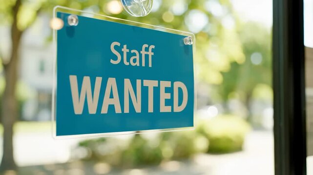Staff Wanted Blue sign against blurred leafy background with jobs open.