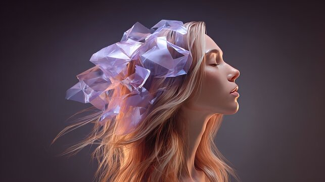 Young caucasian female with artistic geometric headpiece in profile