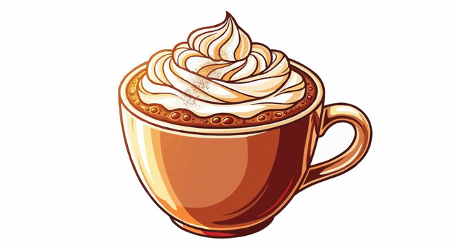 Illustration of a brown coffee cup filled with coffee and topped with whipped cream swirls design - Powered by Adobe