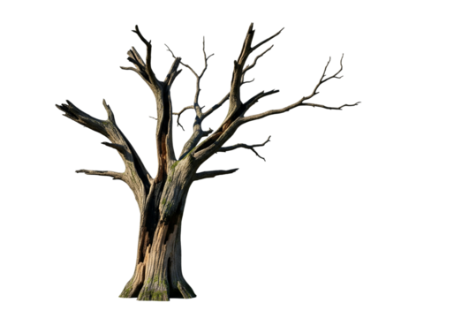 Old dead tree with bare branches isolated on transparent background in autumn