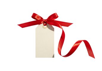 Blank gift tag with red ribbon isolated on transparent background for your message