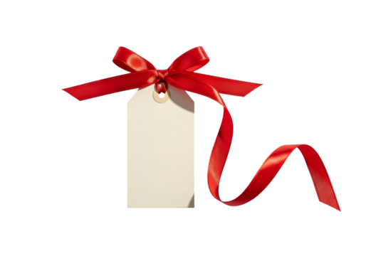 Blank gift tag with red ribbon isolated on transparent background for your message
