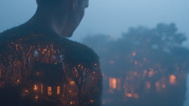Silhouette of male with magical forest and glowing cabin scene - Powered by Adobe