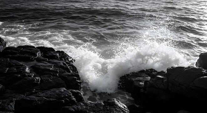High Contrast Monochrome Ocean Wave Crashing on Jagged Coastal Rocks