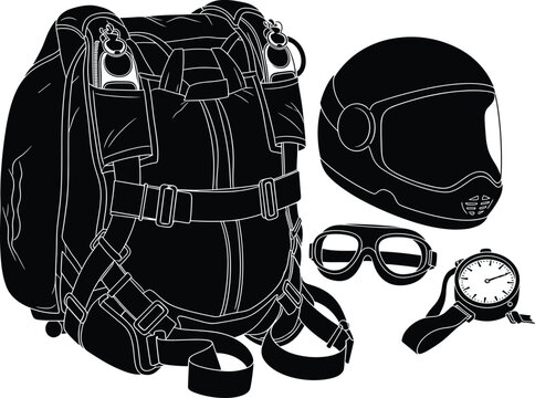 Black illustration of parachute backpack helmet goggles stopwatch, parachute, backpack, helmet, goggles, stopwatch, skydiving, extreme sports, adventure, equipment, gear, black and white, illustration