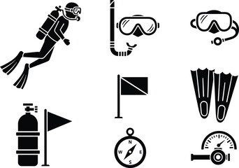 Fototapeta premium Black silhouette icons of scuba diving equipment and navigation tools, scuba diver, diving mask, snorkel, fins, scuba tank, flag, compass, pressure gauge, underwater, diving, water sports, recreation,