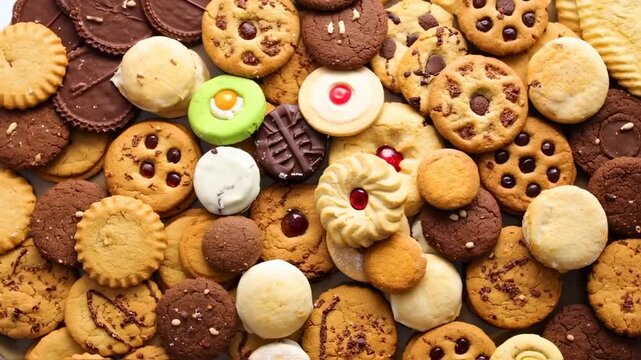 Assortment of colorful cookies with various shapes, toppings, and textures