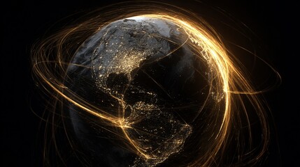 Earth depiction with illuminated light trails, showing North America