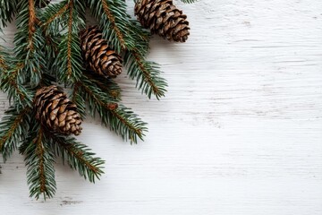 Pine Cones and Evergreen Spruce Twigs Arranged on White Wooden Background for Winter Design