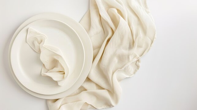 A beautifully composed food still life featuring an artfully arranged linen napkin on a pure white background. This image captures a rustic, textured napkin casually folded next to a fresh, crusty art
