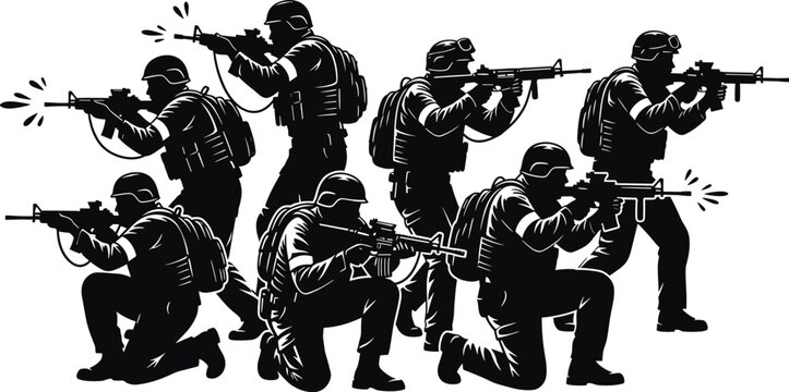 Black silhouette soldiers firing assault rifles in various poses, soldier, military, army, weapon, rifle, assault rifle, shooting, firing, action, combat, tactical, gear, helmet, backpack, black and w