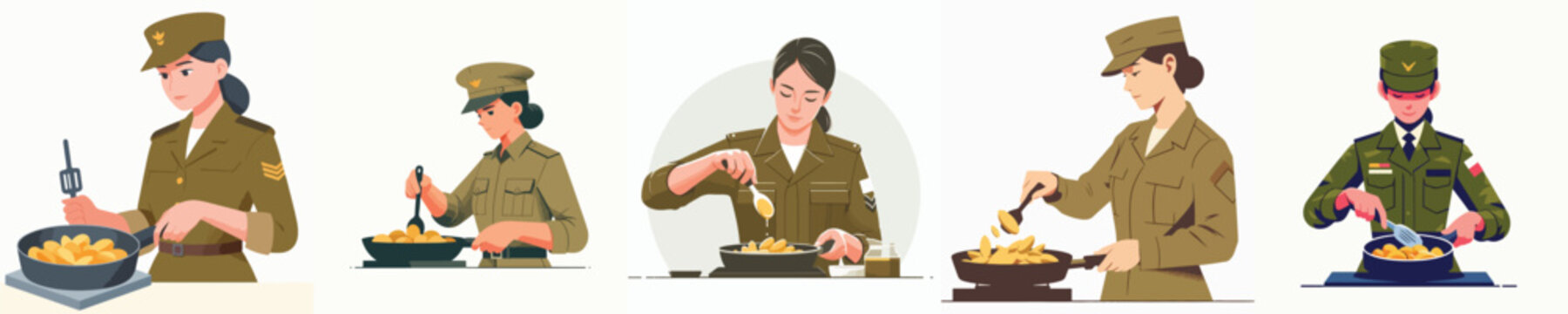 vector of female soldier frying potatoes