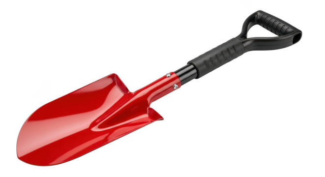 Red garden spade with black handle isolated on transparent background