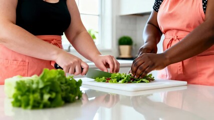 Diverse women chopping fresh lettuce for salad in a modern kitchen. Two friends wearing aprons preparing a healthy vegetarian meal together - Powered by Adobe