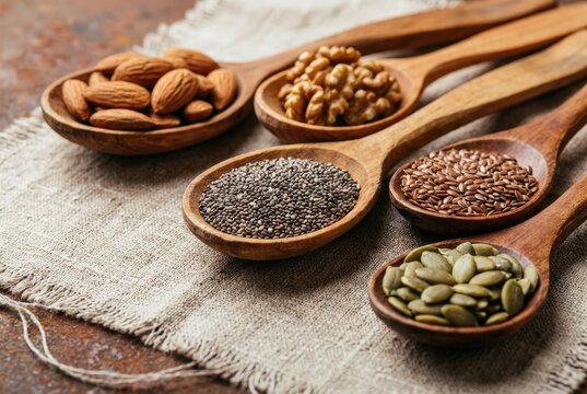 Healthy Seeds and Nuts Assortment in Spoons - Powered by Adobe