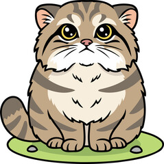 Cute Pallas's Cat Sitting On Grass, Fluffy Wild Cat - Animal Character Illustration Isolated on Transparent Background